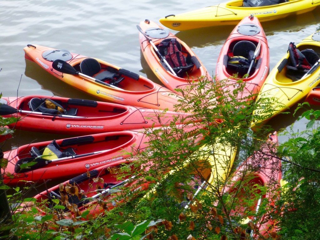 colorful kayaks tied up at Bannerman Island.