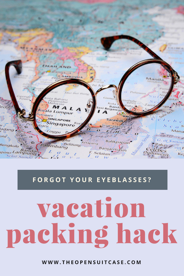 pinnable image of eyeglasses on a map for vacation packing tip