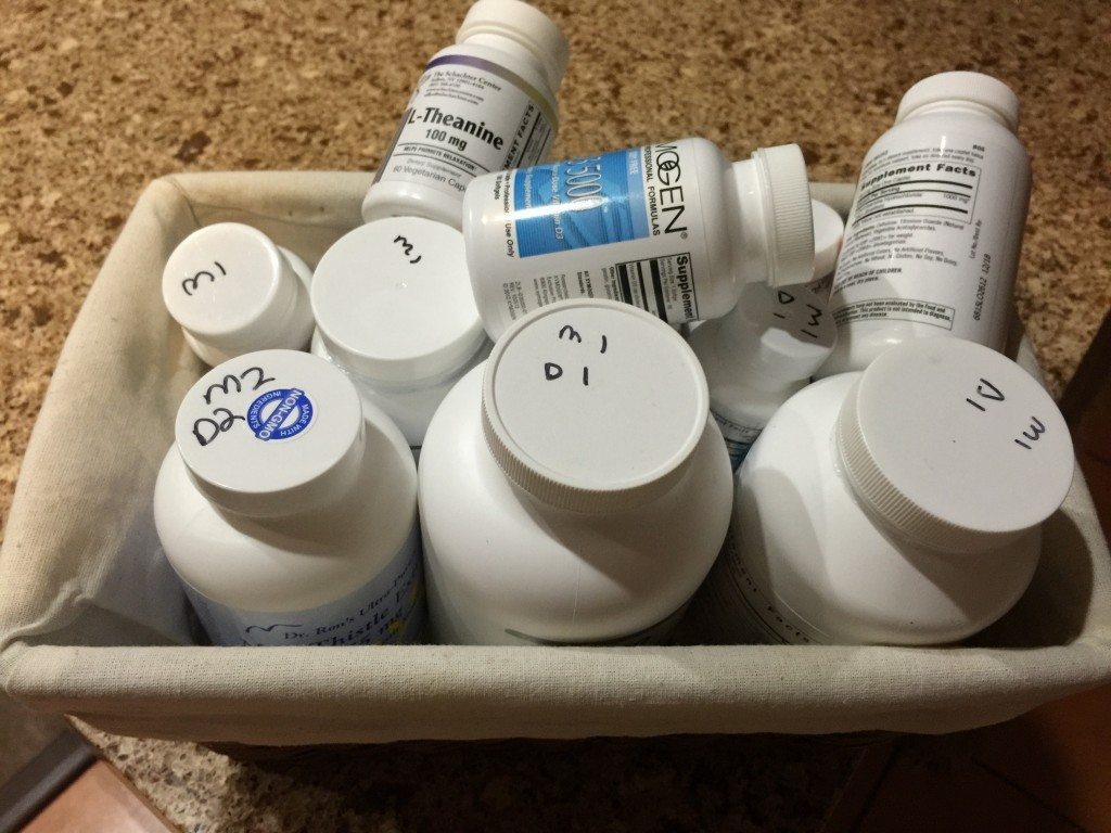 bottles of pills in a basket