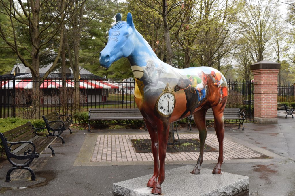 Colorful horse at the entrance to the Saratoga racetrack - visiting is one of the things to do in Saratoga Springs NY