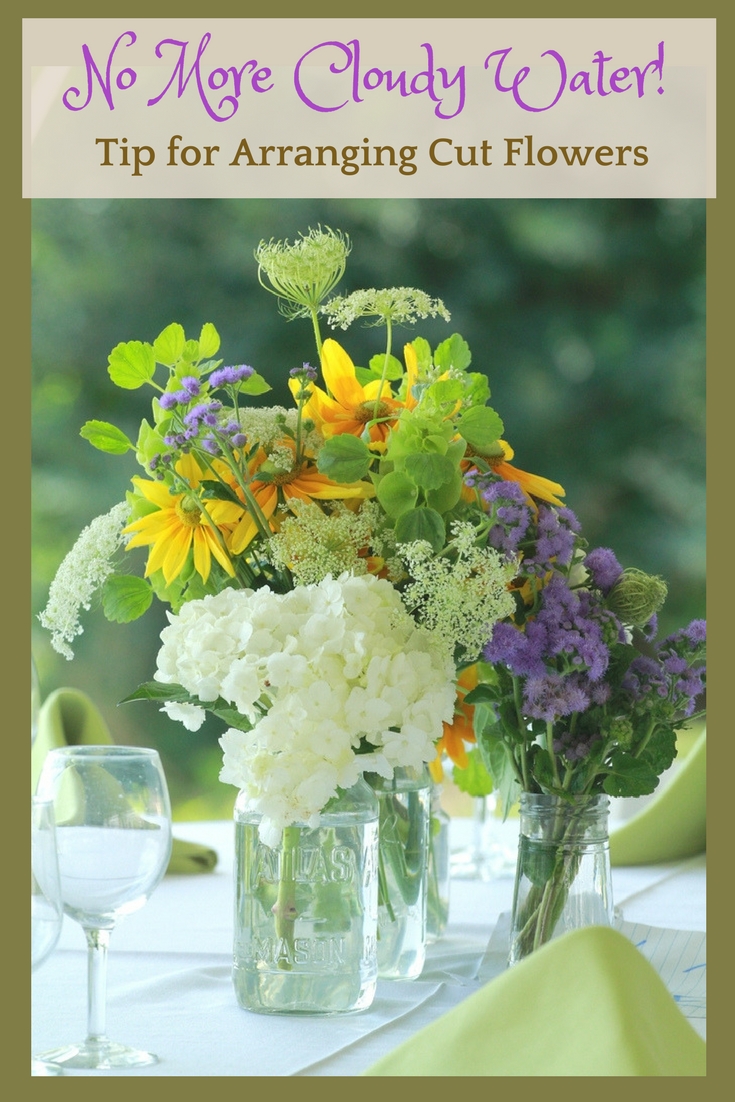 Cut summer flowers in a mason jar on a table outside.