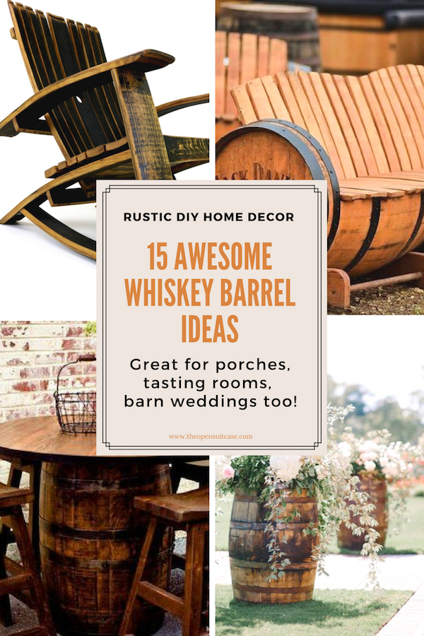 collage of whiskey barrel project ideas