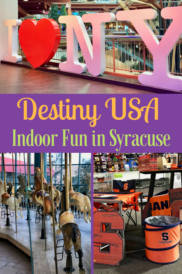 Looking to escape the weather in Syracuse, NY? Check out Destiny USA - a massive mall and entertainment complex. Here's info about Destiny USA hours, restaurants, carousel and more. When visiting Syracuse, the Doubletree by Hilton is a super budget-friendly option that feels luxe! #visitsyracuse #mall #indoorfun #entertainment