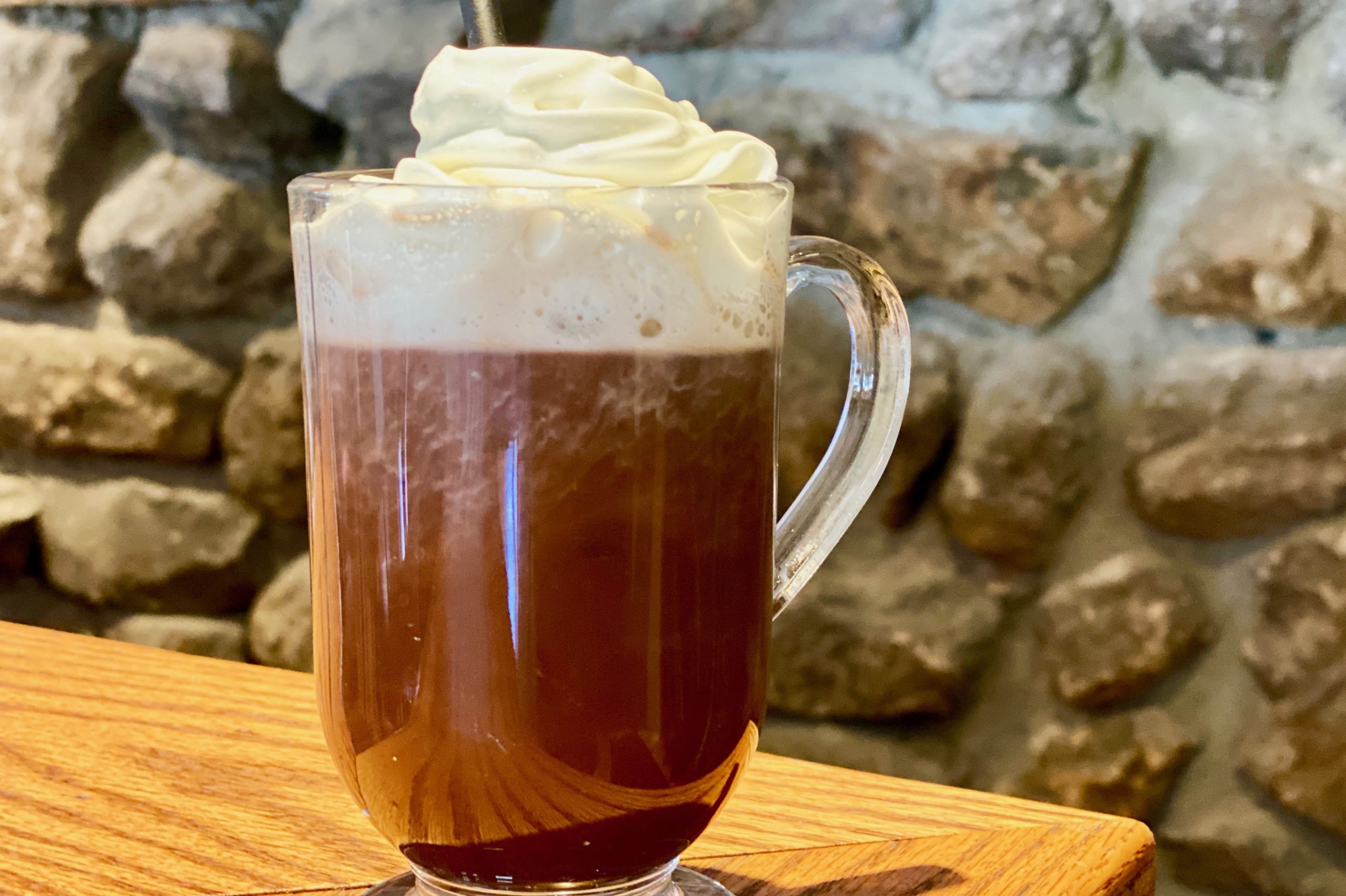 glass mug of hot chocolate served in the Hudson Valley restaurant at the Bear Mountain Inn