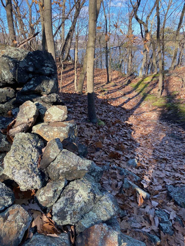 Stone wall along path leading to Arden Point, a winter walk near NYC.