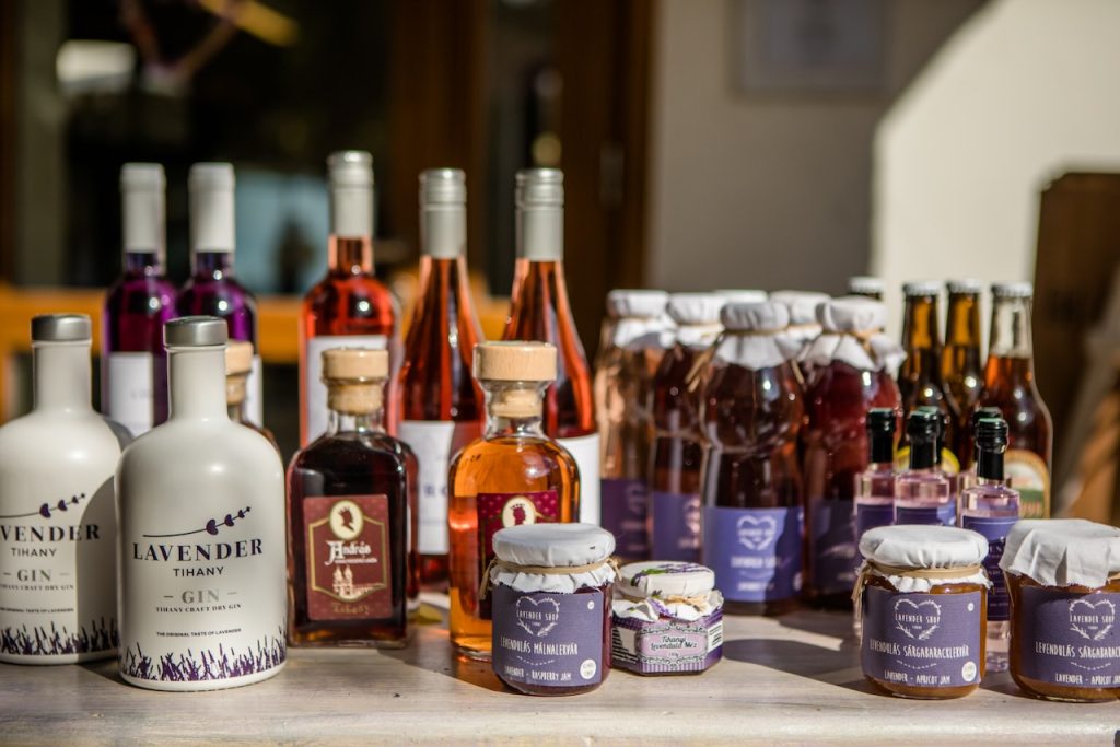 Assortment of lavender products featured during the Tihany lavender festival in Hungary.